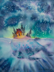 Island with small house on the back of a whale. Starry sky in background. Picture created with watercolors. - 671815611