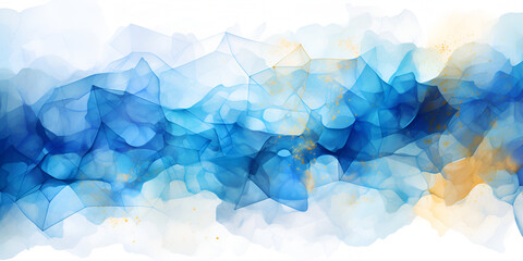 Dark blue watercolor splashes mixed with golden geometrical lines, abstract background - obrazy, fototapety, plakaty
