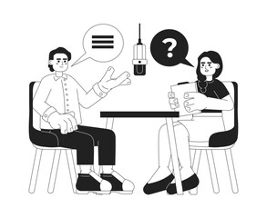 Fototapeta premium Interview podcast black and white cartoon flat illustration. Indian adult woman interviewer asking question interviewee linear 2D characters isolated. Host guest talks monochromatic scene vector image