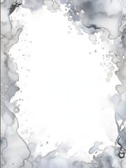 Grey watercolor splashes frame with white copy space for text, abstract background