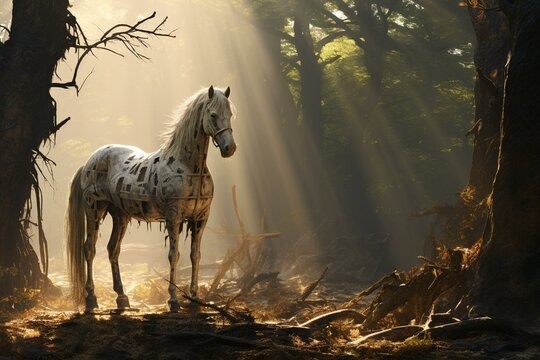 Image of a pale horse in a charred woodland, basking in warm evening sunlight. Generative AI