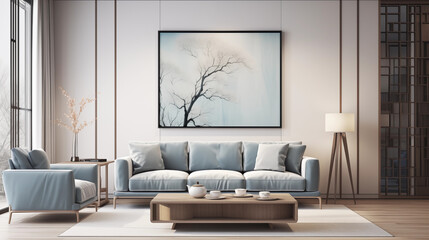 Contemporary Living Room with Elegant Blue Sofa and Abstract Tree Artwork
