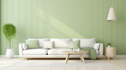 modern living room with pastel green wall, sofa table. interior design in green studio generative ai