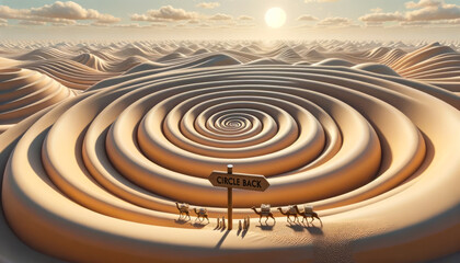 Fototapeta na wymiar Vast desert with shifting sands forming spirals and patterns. A caravan of travelers, upon reaching the center of a spiral, sees a signpost reading Circle Back, suggesting a return to previous points
