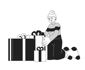 Caucasian lady packing gifts for Christmas black and white 2D cartoon character. European woman giftboxes isolated vector outline person. Christmas tradition monochromatic flat spot illustration