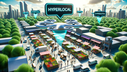 3D illustration of a local farmers market bustling with activity. Overhead digital drones capture the scene, displaying the Hyperlocal tag, emphasizing the focus on local produce and goods.