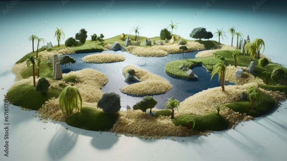 Poster a model of a small island with a lake and trees in the middle of the island is made of grass and pal