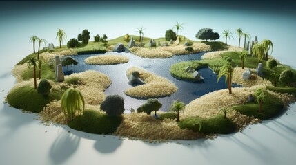  a model of a small island with a lake and trees in the middle of the island is made of grass and palm trees.  generative ai