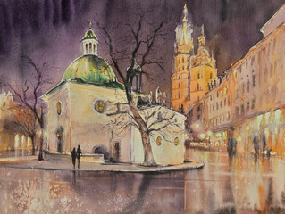 Church of St. Wojciech on Main Square in Krakow. Krakow, Malopolskie, Poland. Picture created with watercolors - 671817496