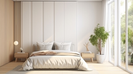White wooden wardrobe in scandinavian style interior design modern cozy bed room. generative ai