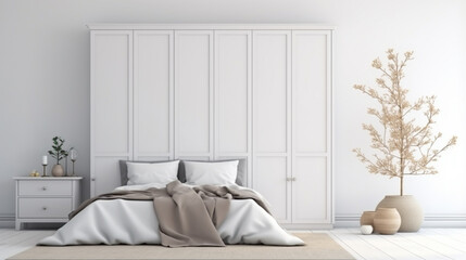 White wooden wardrobe in scandinavian style interior design modern warm bed room. generative ai