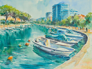 Cityscape of Grado, Italy. View of a canal with motorboats lying on the water. Picture created with watercolors. - 671817679