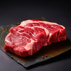 Raw beef steak with rosemary and spices on a black background, closeup, top views, copy space