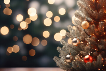 Christmas decoration. Red balls hanging on pine branches Christmas tree garland and ornaments over abstract bokeh background with copy space