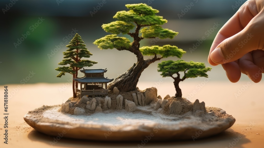 Poster a miniature model of a tree with a pagoda in the middle of it and a hand reaching for a tree with a 