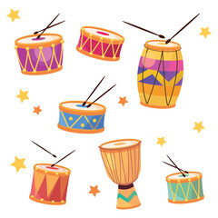 Different drums musical instrument big set vector flat illustration isolated over white background, music instruments shop.