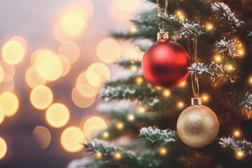 Christmas decoration. Red balls hanging on pine branches Christmas tree garland and ornaments over abstract bokeh background with copy space