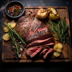 roast beef steak with rosemary and spices on a wooden board, copy space