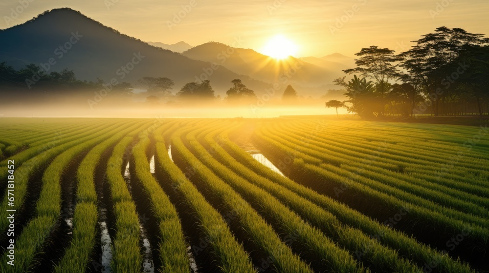 Poster a field of crops with the sun setting in the background and mountains in the distance with fog in th