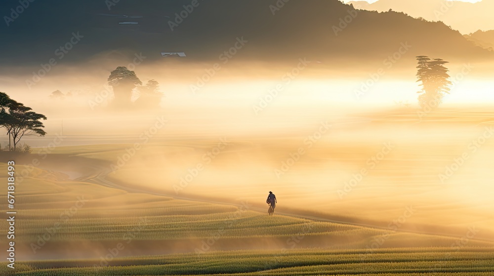 Poster a person walking through a foggy field in the middle of the day with trees on the other side of the 