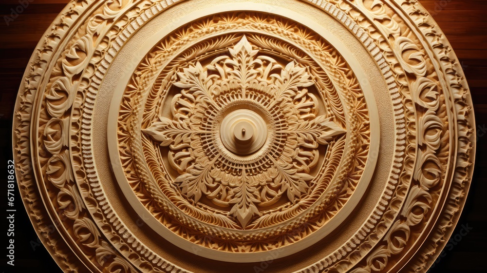 Poster a close up of a gold plate with a circular design on the center of the plate and a circular design o
