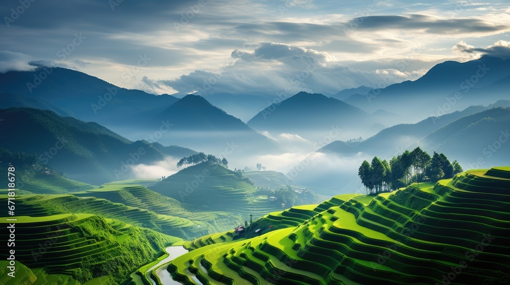 Poster a scenic view of a valley with a river running through it and mountains in the distance with clouds 