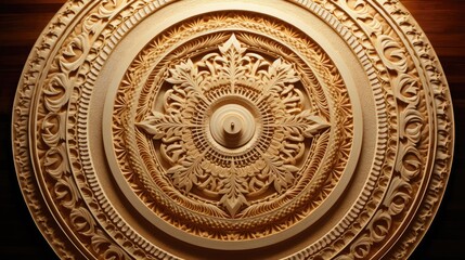  a close up of a gold plate with a circular design on the center of the plate and a circular design on the outside of the plate.  generative ai