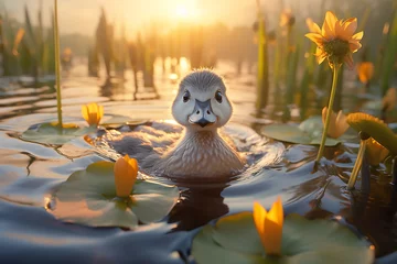 Fotobehang cute duckling bathing in the river on blurred background of sunlight © Ksenia Belyaeva