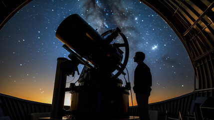 Scientist observing stars through a large telescope