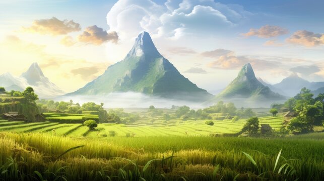  a painting of a lush green valley with a mountain range in the distance and clouds in the sky above it.  generative ai