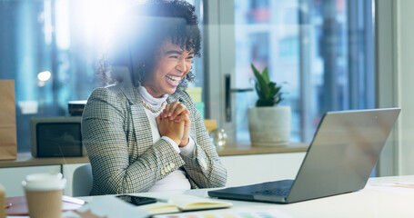 Business woman, video call and laptop in night with excited smile for negotiation, deal or success. Entrepreneur, webinar and happy for announcement, promotion or profit in dark office with computer