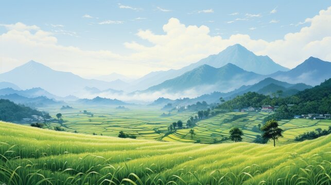  a painting of a lush green valley with mountains in the background and a blue sky with clouds in the distance.  generative ai