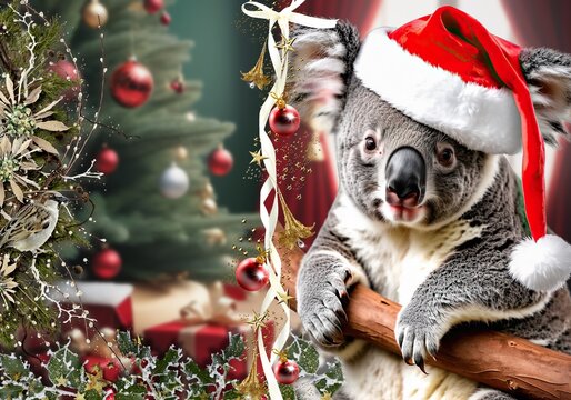 Christmas card with a cute Kaola on a Christmas background.