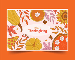 hand drawn thanksgiving background with pumpkin pie leaves design vector illustration