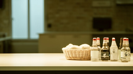 Fototapeta na wymiar Minimal cozy counter mockup design product presentation background Kitchen interior generative ai