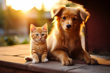 Animal friendship, dog and cat walking together in nature