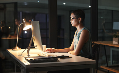 Computer, night or black woman reading business portfolio, stock market database or review...