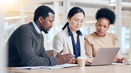 Teamwork, consulting and laptop with business people in office for planning, coaching and feedback. Mentor, learning and review with employees in meeting for brainstorming, technology and support