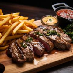 A juicy steak on a wooden board with fries, food photography