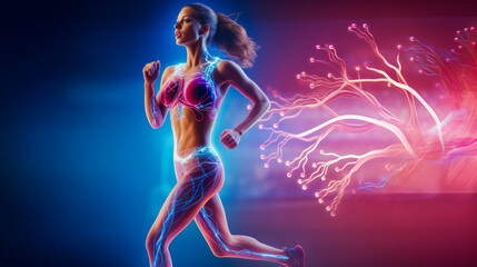 Athletic woman amidst cardiovascular system holograms