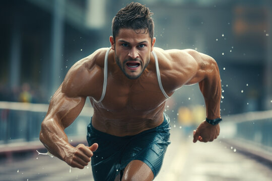 A professional athlete breaking a world record, demonstrating physical prowess and achievement. Generative Ai.