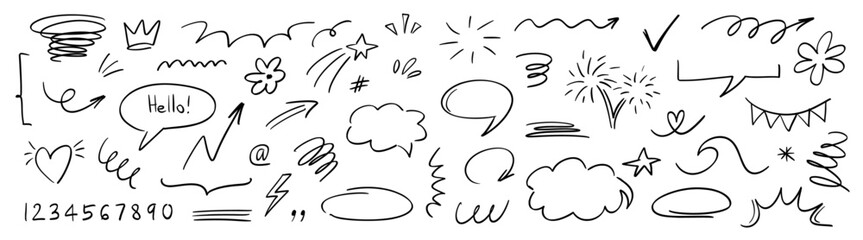 Charcoal pen liner doodle elements, crown, emphasis arrow, speech bubble, scribble. Handdrawn cute cartoon pencil sketches of decorative icons. Vector illustration of cloud, highlight, explosion - 671820880