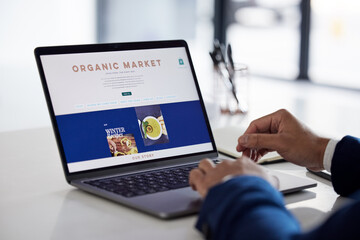 Fototapeta na wymiar Online shopping menu, laptop screen and person hands reading food delivery, restaurant webdesign or web store option. About us, organic market homepage and hungry customer with lunch nutrition choice