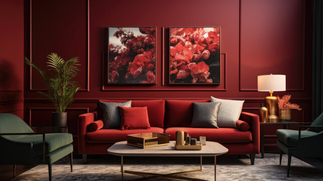 A red living room with a couch and two paintings, AI