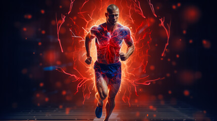Man running with visualization of healthy blood flow through heart. - obrazy, fototapety, plakaty