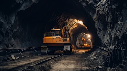 excavator in the mountain drilling making a tunnel