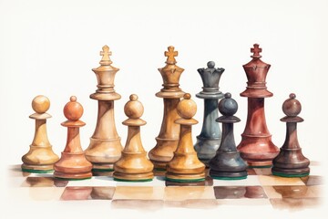 Watercolor chess composition with chessboard, pawns, king and queen, background for tournaments, check and checkmate.
