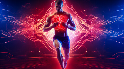 Man running with blood flow visualized in arteries and healthy heart. - obrazy, fototapety, plakaty