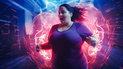 Obese woman running with visible healthy heart and blood circulation.