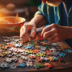 An elderly man is putting together a puzzle, AI